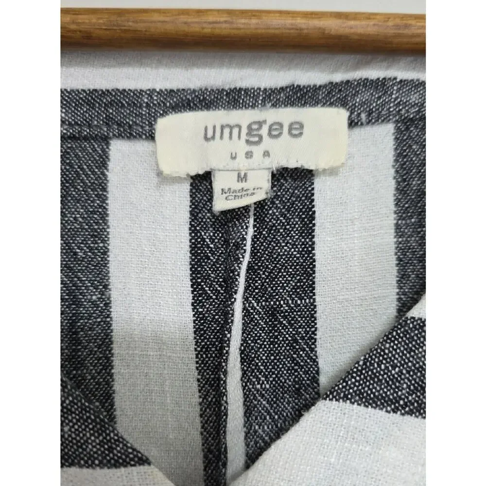 Umgee Sz M Black & White Strip Linen Blend Pocket Fringe Shabby Artsy BOHO Dress